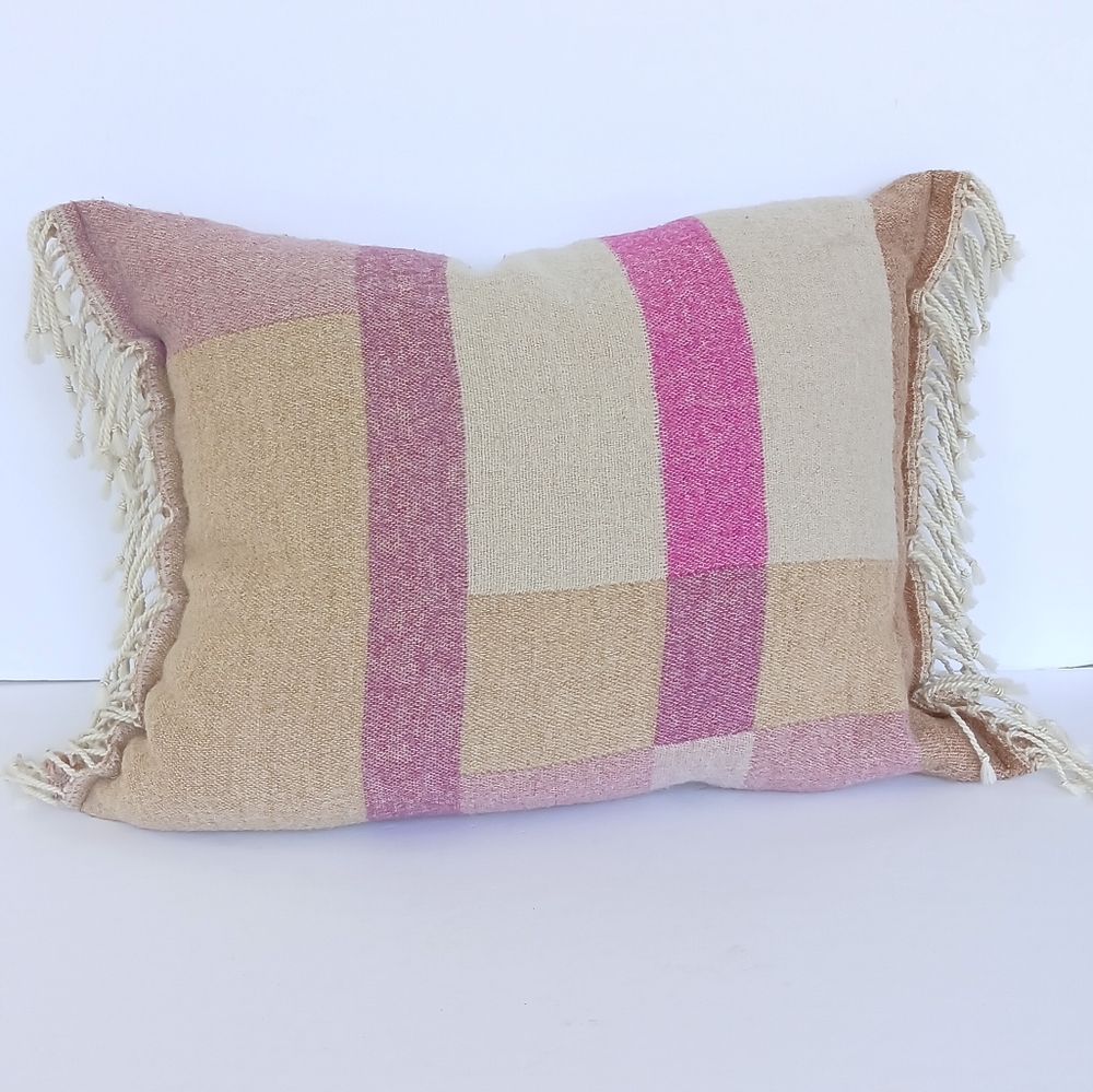 Anthropologie Beige and Pink Striped Fringe Accent Pillow